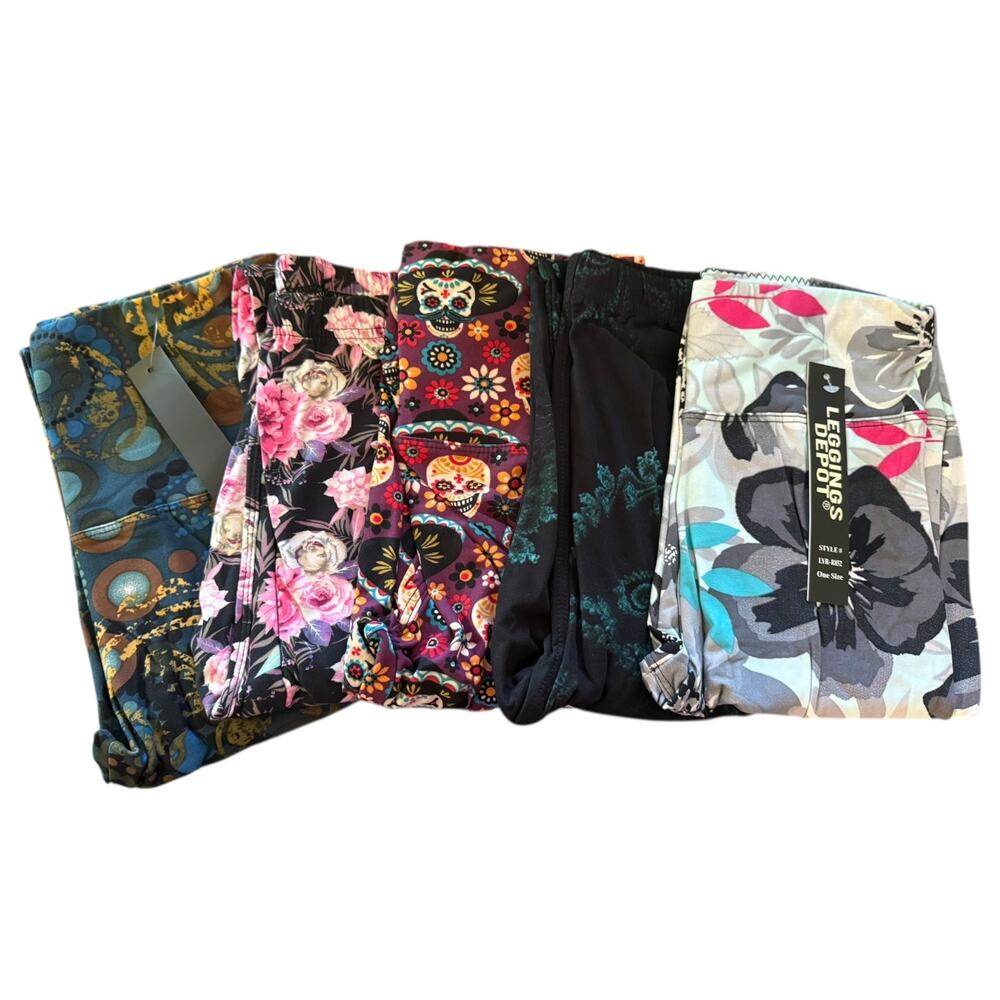 5 Assorted New Leggings Rose Hibiscus Butterfly Day Of Dead OS